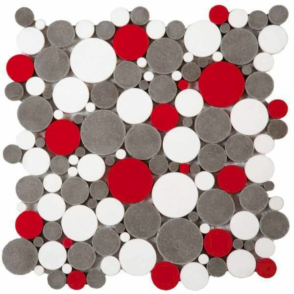 BATI ORIENT - Reconstitué à base de résine Rond autobloquant blanc gris rouge mosaïque - 30x30cm - Réf.PIMI22