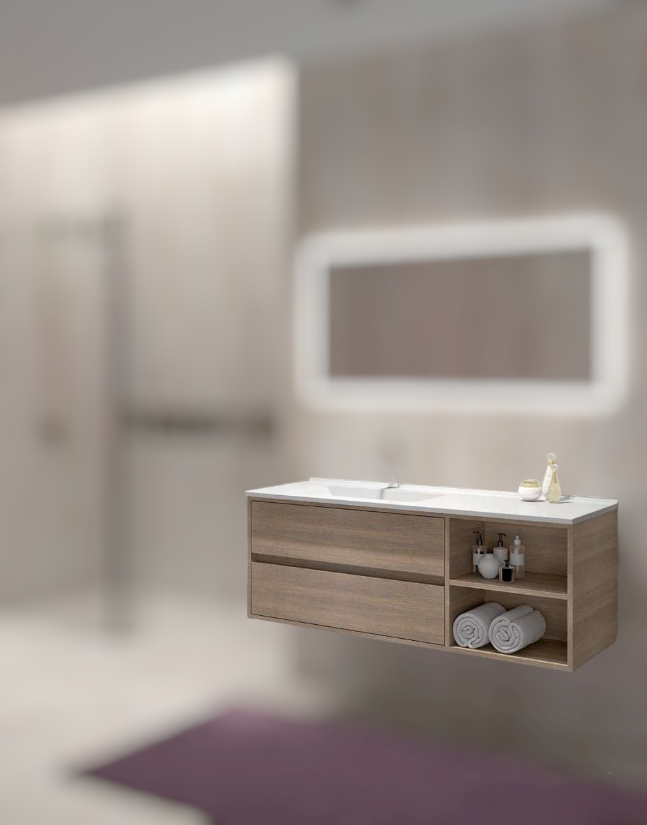 LATUS - Meuble de lavabo avec vasque 2 tiroirs et une niche 100cm - Chêne grège - Réf.815308787