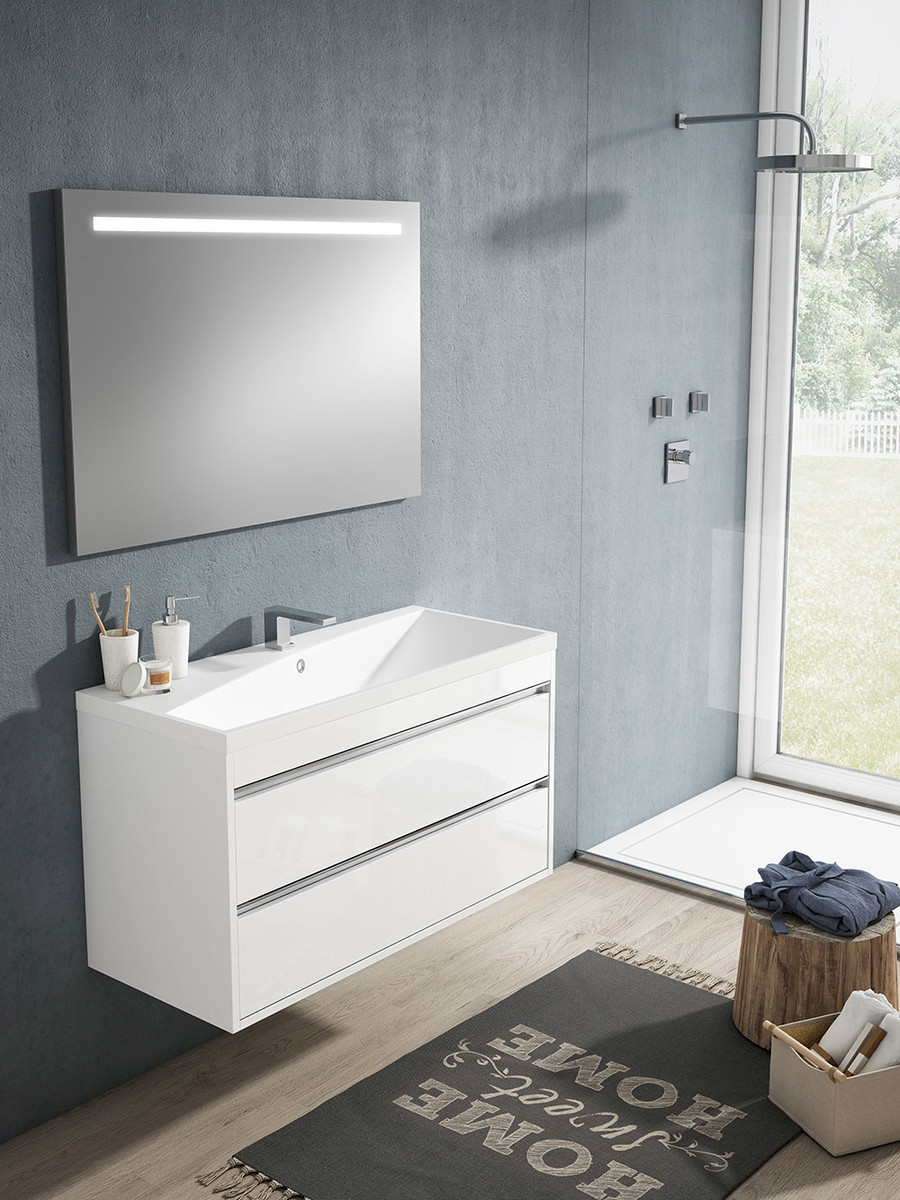 SLIDER - Ensemble Meuble de salle de bain - 100cm avec 2 tiroirs - Blanc Brillant - Réf. 106011018