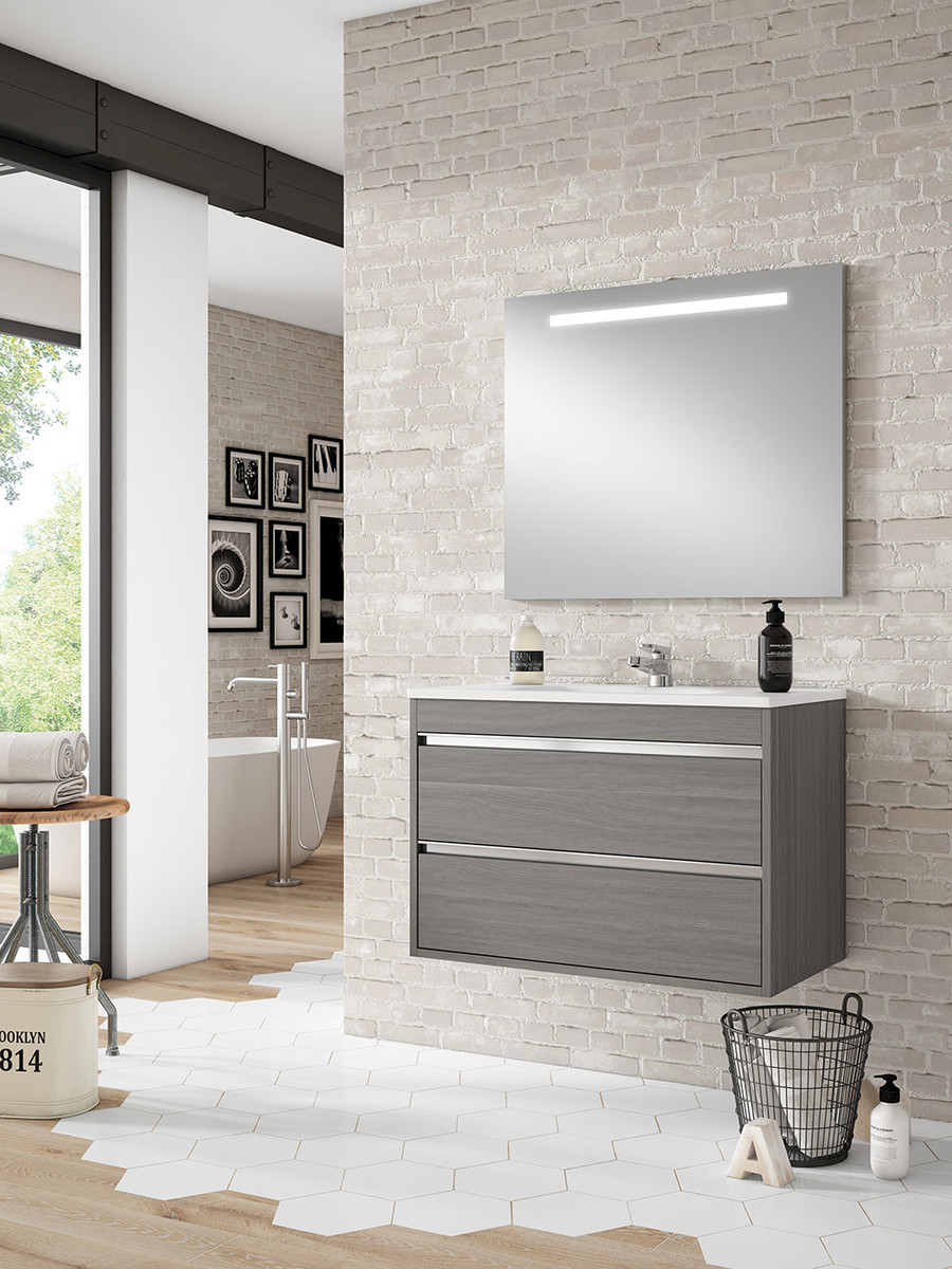 SLIDER - Ensemble Meuble de salle de bain - 80cm avec 2 tiroirs - Fresne gris - Réf. 106018013
